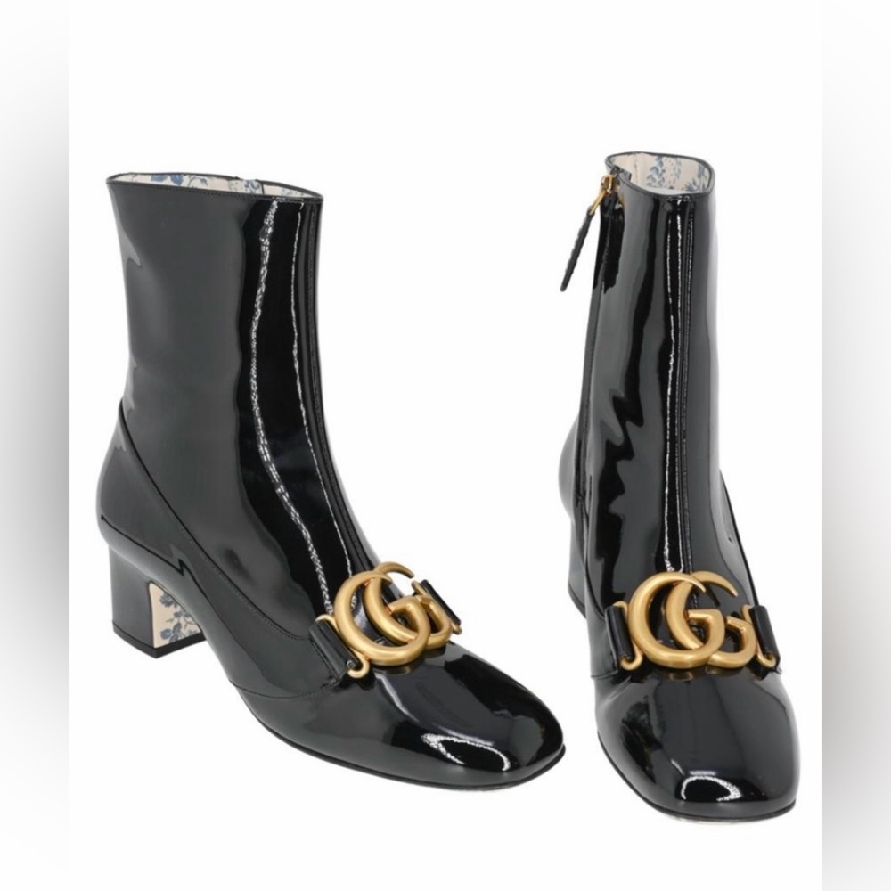 Gucci GG Marmont Patent Leather Mid-Heel Boots - Floral Sole Heels - Size 38